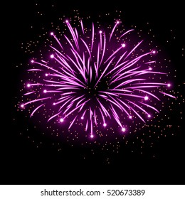 Firework bursting sparkle background. Isolated pink colorful night fire, beautiful explosion for celebration, holiday, Christmas, New Year, birthday. Symbol festive, anniversary Vector illustration