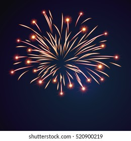 Firework bursting sparkle background. Isolated gold colorful night fire, beautiful explosion for celebration, holiday, Christmas, New Year, birthday. Symbol festive, anniversary Vector illustration