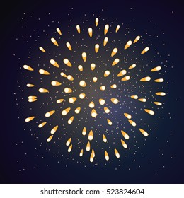 Firework bursting sparkle background. Isolated gold colorful night fire, beautiful explosion for celebration, holiday, Christmas, New Year, birthday. Symbol festive, anniversary Vector illustration