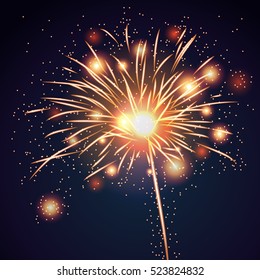 Firework bursting sparkle background. Isolated gold colorful night fire, beautiful explosion for celebration, holiday, Christmas, New Year, birthday. Symbol festive, anniversary Vector illustration