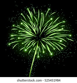 Firework bursting sparkle background. Isolated green colorful night fire, beautiful explosion for celebration, holiday, Christmas, New Year, birthday. Symbol festive, anniversary Vector illustration