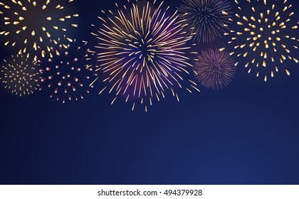 Firework bursting sparkle background set. Colorful night fire, beautiful explosion for celebration, holiday, Christmas, New Year, birthday. Symbol festive, carnival, anniversary. Vector illustration