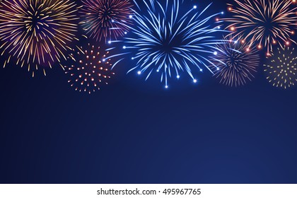 Firework bursting sparkle background set. Colorful night fire, beautiful explosion for celebration, holiday, Christmas, New Year, birthday. Symbol festive, carnival, anniversary. Vector illustration