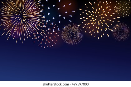 Firework bursting sparkle background set. Colorful night fire, beautiful explosion for celebration, holiday, Christmas, New Year, birthday. Symbol festive, carnival, anniversary. Vector illustration