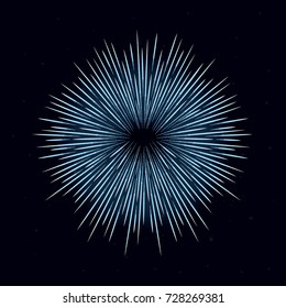 Firework is bursting with sparkles on dark night background. Realistic firework, blue firecracker for decoration. Vector