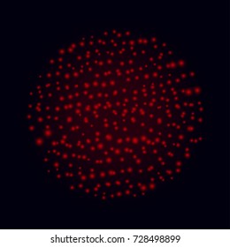 Firework is bursting with sparkles on dark night background. Realistic holiday red firework for decoration. Vector