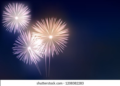 Firework bursts on night sky background. Vector design template for holiday cards, posters or banners