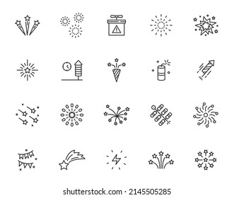 Firework celebrate line icon set. Firecracker vector boom spark effect congratulations firework illustration party icon set
