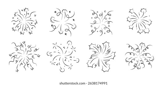 Firework to celebrate New Year line icon. Firecracker and star explosion for happy anniversary party. Birthday confetti congratulation element with boom effect. Doodle carnival burst decoration set