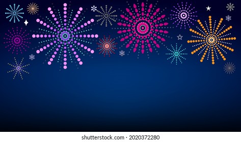 Firework Celebrating Festival abstract background empty. Fireworks glow glitter on dark night-blue sky vignette background. Pyrotechnic fantasy artifice for New Year, Anniversary. vector illustration