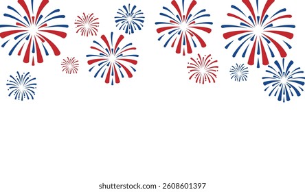 Firework Celebration Background american flag color. Independence Day,  Fourth of July background. Fireworks vector illustration. Exploding festival fireworks background with space.