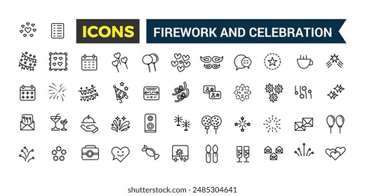 Firework and Celebration icons set. Outline icons pack. Editable vector line icon set and illustration for web and UI application.