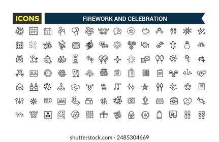Firework and Celebration icons set. Outline icons pack. Editable vector line icon set and illustration for web and UI application.
