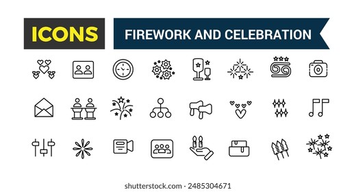 Firework and Celebration icons set. Outline icons pack. Editable vector line icon set and illustration for web and UI application.