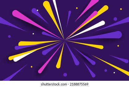 Ilustración de celebración de fuegos artificiales. Rico fondo violeta con saludo brillante, confetti y estrellas. Plantilla para sitio web, correo o impresión.