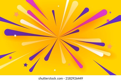 Ilustración de celebración de fuegos artificiales. Rico fondo amarillo con saludo brillante, confeti y estrellas. Plantilla para sitio web, correo o impresión.