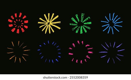 Firework chalk drawing, brush strokes texture, vector cute illustration isolated on dark background.