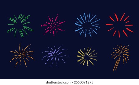 Firework chalk kid drawing, brush strokes texture, vector illustration isolated on dark background.