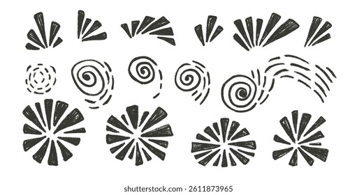 Firework charcoal set. Festive firecracker black brush icons isolated on white background. Doodle silhouette comets collection. Splash and circle flash. Vector hand drawn illustration.