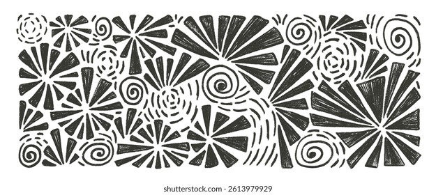 Firework charcoal set. Festive firecracker black brush isolated on white background. Doodle silhouette comets collection. Splash and circle flash. Vector hand drawn illustration.
