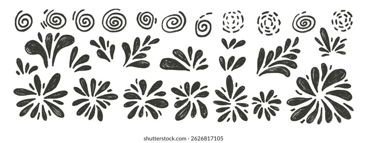 Carvão de artifício. Pincel preto festivo de fogos de artifício isolado no fundo branco. Coleção de cometas silhueta Doodle. Ilustração de vetor desenhada à mão.