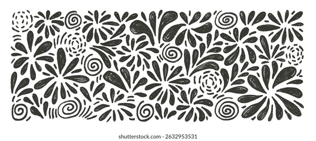 Firework charcoal set. Festive firecracker black brush isolated on white background. Doodle silhouette comets collection. Splash and circle flash. Vector hand drawn illustration.