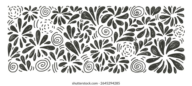 Carvão de artifício. Pincel preto festivo de fogos de artifício isolado no fundo branco. Coleção de cometas silhueta Doodle. Splash e círculo flash. Ilustração desenhada à mão vetorial.
