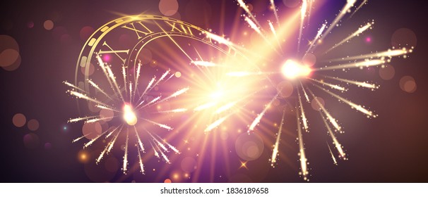 firework and christmas themed Celebration party 2021 Happy New Year Gold background design.