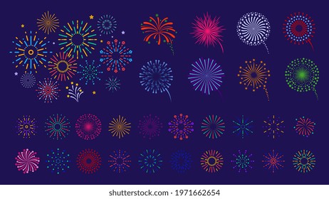 Firework collection. Color fireworks, festive fires. Bright colorful line sunburst. Christmas, independence day, national festival or party pyrotechnics firecrackers vector set