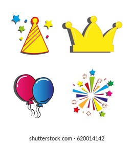 Firework color icon set with burst petard, stars. Festival celebrate and party