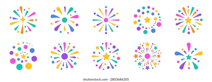 Firework color set. Bright burst, fountain, star, splash and confetti shapes. Fireworks celebration decor for birthday, holiday, festival, party event, fun and magic elements. Vector illustration