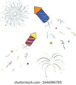 firework composition set. Vector graphic line ink illustration. Silhouette sign for logo, print, comics, fashion, pop art, boards, design, stickers, decoration, posters banner, invitation