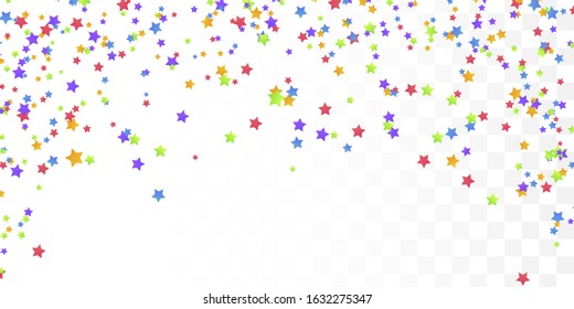 Firework Confetti Elements. Colorful confetti with multicolored stars. Festive vector illustration. Trendy stars explosion background. White, blue, red, green, yellow, purple colors.