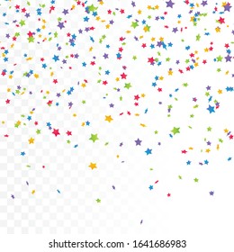 Firework Confetti Elements. Colorful confetti with multicolored stars. Festive vector illustration. Trendy stars explosion background. White, blue, red, green, yellow, purple colors.