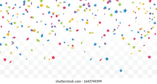 Firework Confetti Elements. Colorful confetti with multicolored stars. Festive vector illustration. Trendy stars explosion background. White, blue, red, green, yellow, purple colors.