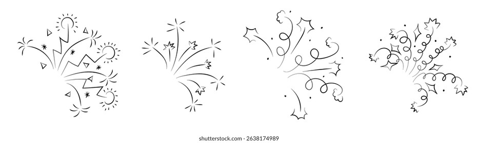 Firework confetti party line icon. Firecracker explosion to celebrate New Year with carnival boom spark light. Festive birthday graphic with simple sparkle decoration design. Doodle stroke for burst