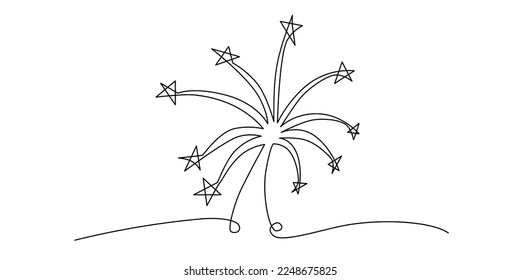 Firework continuous single line. Vector stock illustration isolated on white background for design template invitation, banner, photo album, book. Editable stroke. EPS10 