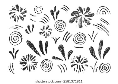 Firework in crayon style set. Birthday party grunge firecrackers and splashes scribble doodle isolated on white background. Carnival night decoration. Vector hand drawn by chalk illustration