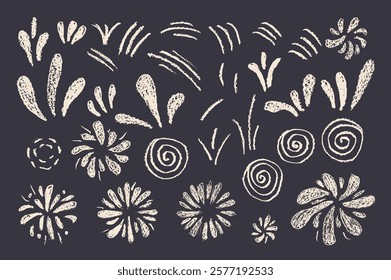 Firework in crayon style set Party firecrackers and splashes scribble doodle chalk isolated on dark background. . Carnival night decoration. Vector hand drawn by pencil illustration