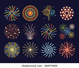 Firework different shapes colorful festive and bright carnival or birthday design for brochures poster, wrapping paper, greeting card vector illustration.