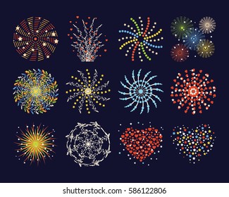 Firework different shapes colorful festive heart bright carnival or birthday design for brochures poster, wrapping paper, greeting card vector illustration.