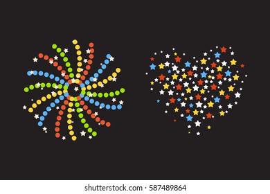 Firework different shapes colorful festive heart bright carnival or birthday design for brochures poster, wrapping paper, greeting card vector illustration.