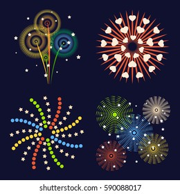 Firework different shapes colorful festive and bright carnival or birthday design for brochures poster, wrapping paper, greeting card vector illustration.