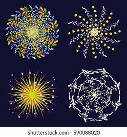 Firework different shapes colorful festive and bright carnival or birthday design for brochures poster, wrapping paper, greeting card vector illustration.