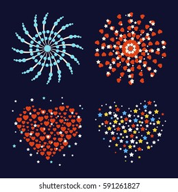 Firework different shapes colorful festive heart bright carnival or birthday design for brochures poster, wrapping paper, greeting card vector illustration.