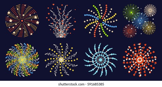 Firework different shapes colorful festive and bright carnival or birthday design for brochures poster, wrapping paper, greeting card vector illustration.