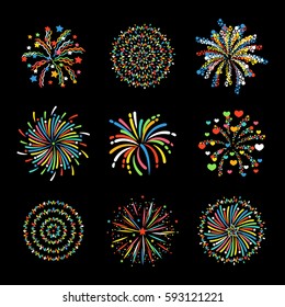 Firework different shapes colorful festive vector.