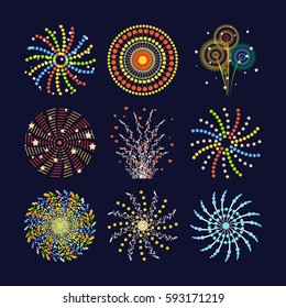 Firework different shapes colorful festive and bright carnival or birthday design for brochures poster, wrapping paper, greeting card vector illustration.