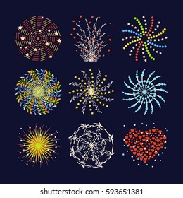Firework different shapes colorful festive heart bright carnival or birthday design for brochures poster, wrapping paper, greeting card vector illustration.