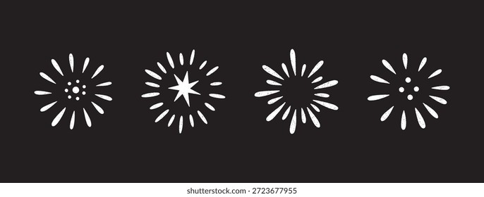 Doodle de fuegos artificiales y festivo juego de petardos dibujado a mano. Iconos de celebración estilo boceto con confeti, destellos, ráfagas mágicas. Para fiesta, carnaval, diseño de vacaciones. Ilustración vectorial, negro bg